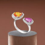 City Lights Rings – Open two stone orange and pink sapphire ring with diamonds on 18K white gold
