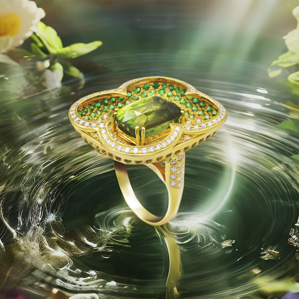 Custom Jewelry Bangkok, Cocktail peridot, sapphire and tsavorite ring on 18K yellow gold product shot
